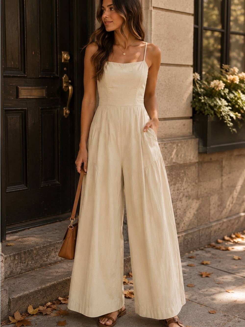 Mustard Seed Cream Wide Leg Jumpsuit Spaghetti Strap Linen Blend S NWT